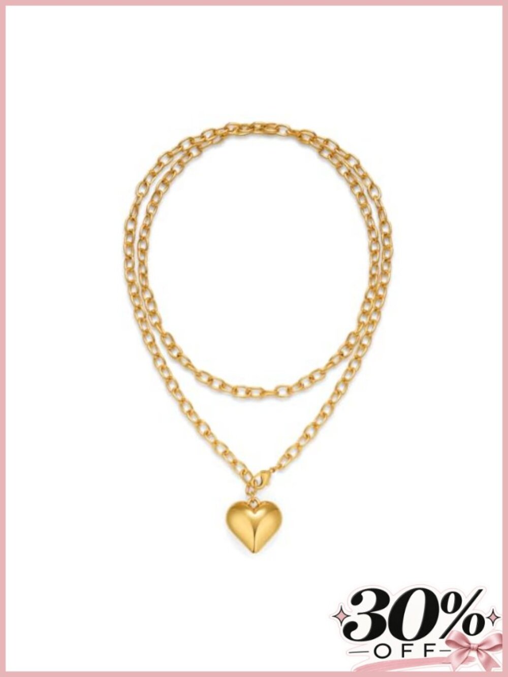 Puffy Heart Pendant Necklace 36 Inch Chunky Link Gold Tone